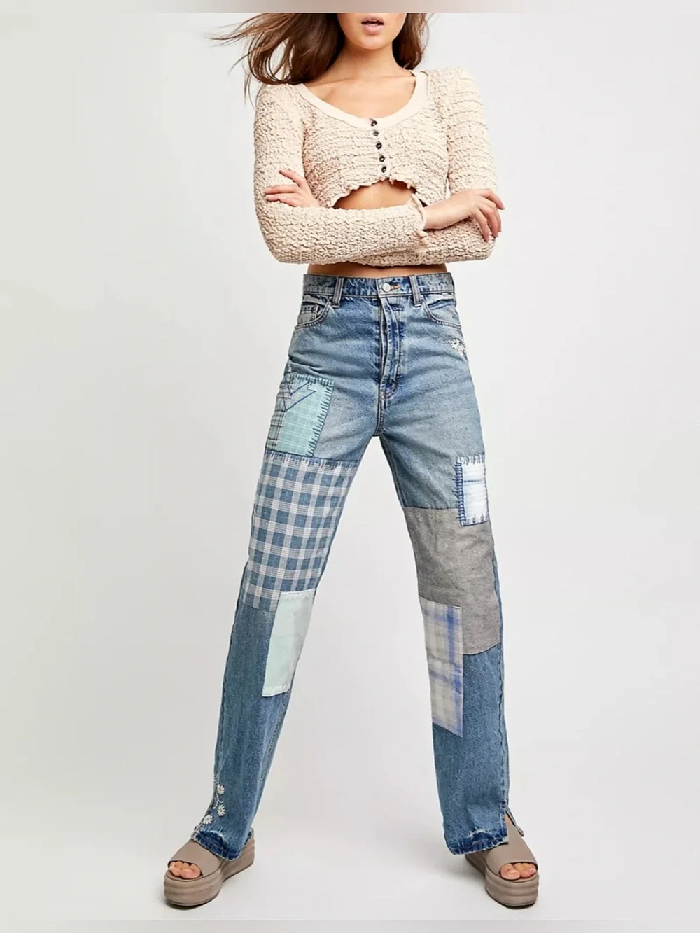 NWOT Free People Steinbeck Patched Straight Leg Jeans - Yukon Valley blue - 27
